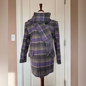Plaid Women's Coat with Scarf - Purple and Gray